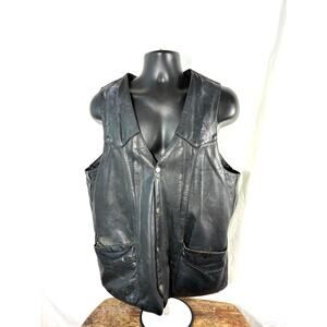 Vintage 90s UNIK Leather Biker Vest 46T Black Motorcycle